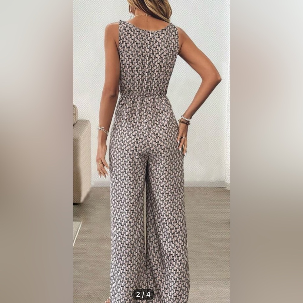 Elegant Patterned Jumpsuit in tan with sash that ties at waist - Picture 2 of 10